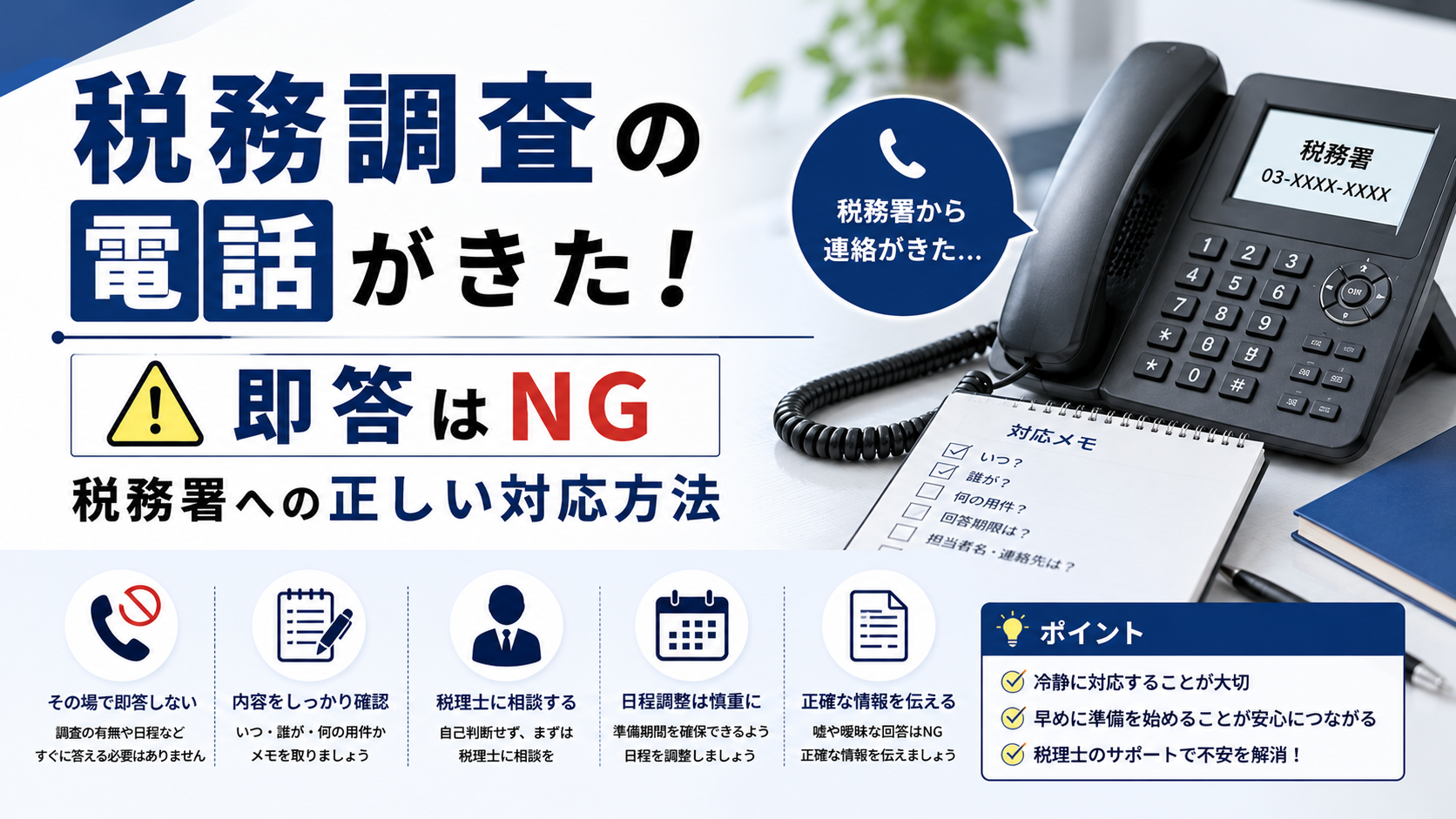 税務調査の電話がきたときの正しい対応方法（即答NG・折り返しのコツ）の解説画像