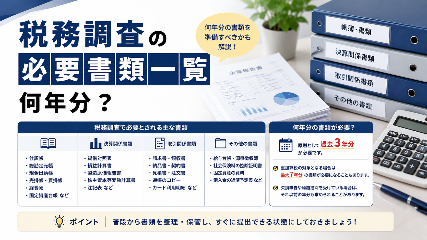 税務調査の必要書類一覧（帳簿・決算書・取引関係書類）と過去何年分（原則3年・最大7年）必要かの解説画像