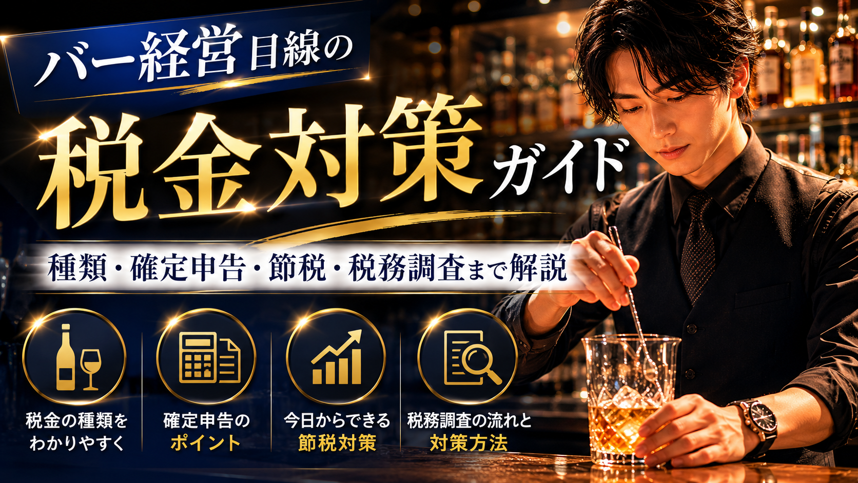 バー（オーセンティックバー・ワインバー）経営の税金対策（税金の種類・確定申告・節税対策・税務調査の流れ）をプロのバーテンダー向けに図解したアイキャッチ画像