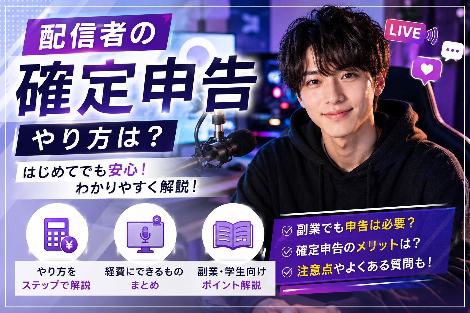 YouTubeやTwitchなどのライブ配信者の確定申告（申告のやり方・配信機材やゲーム課金の経費・副業や学生向けの注意点）を分かりやすく図解したアイキャッチ画像
