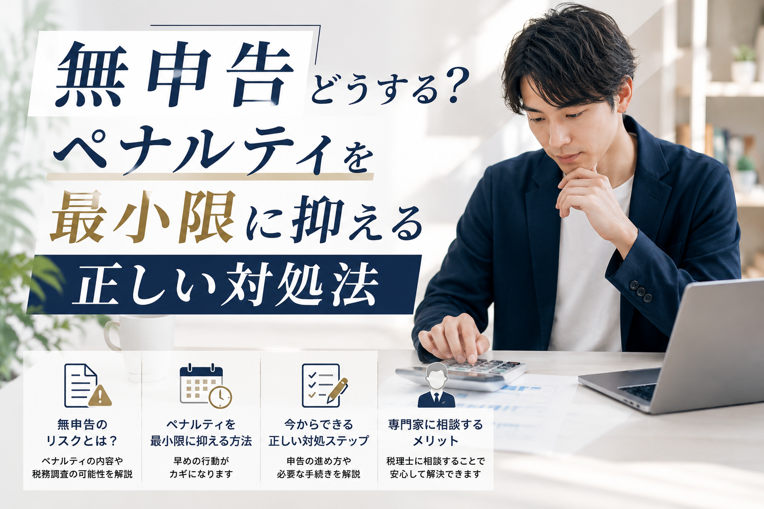 確定申告の無申告や期限後申告への対処法（無申告のリスク・ペナルティを最小限に抑える方法・手続きのステップ・税理士に相談するメリット）を分かりやすく図解したアイキャッチ画像