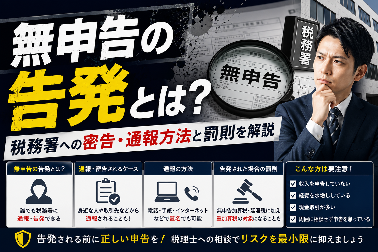 確定申告の無申告における税務署への通報や密告・告発の仕組み（通報されるケース・匿名での通報方法・重加算税などの罰則・税理士への相談）を分かりやすく図解したアイキャッチ画像